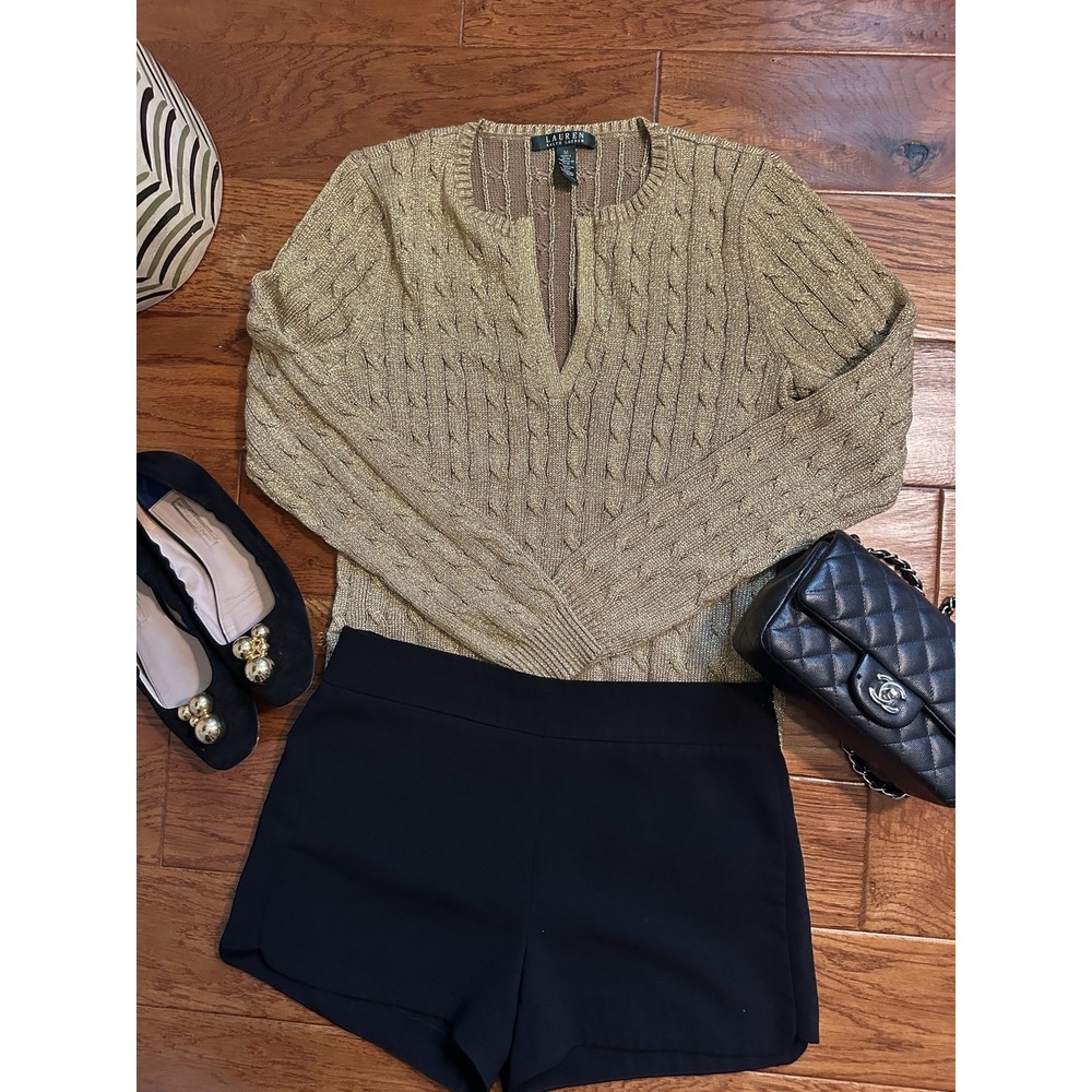 Lauren Ralph Lauren Gold Metallic Cable Knit Sweater M Cotton Blend Shimmer